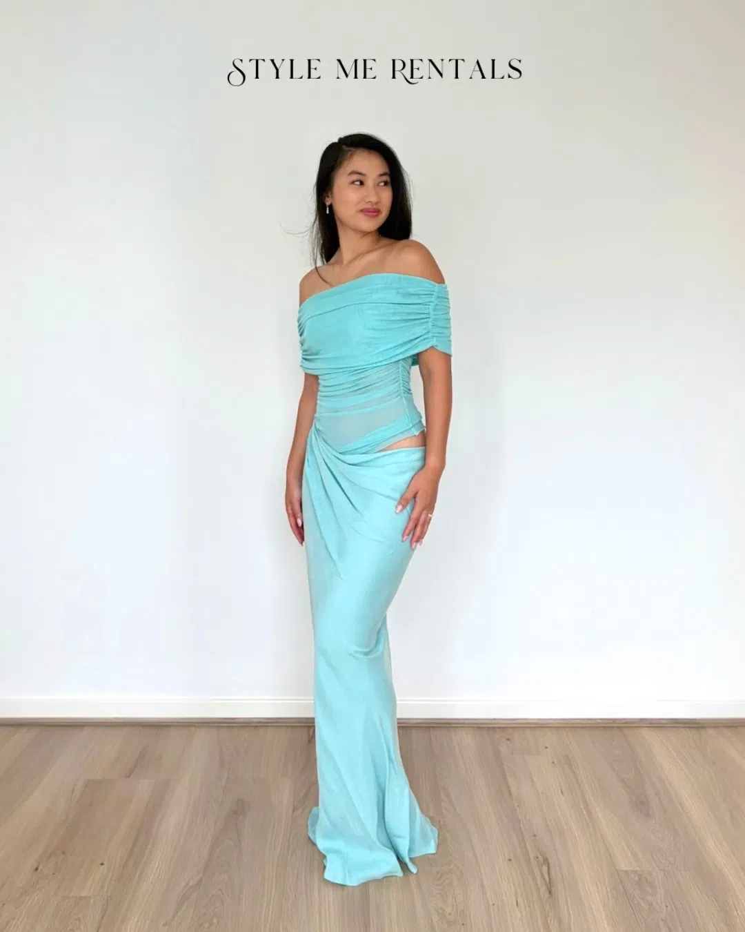 Benni Nico Off Shoulder Maxi Dress Aquamarine Size 10 for rent on The Volte - main image