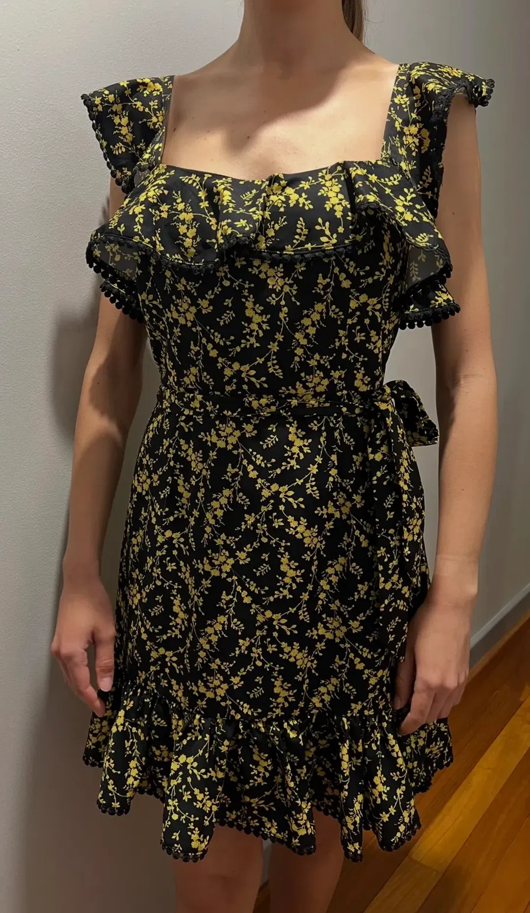 Pilgrim Daphne Knee Length Dress Black Yellow Floral Size 8 for rent on The Volte - main image