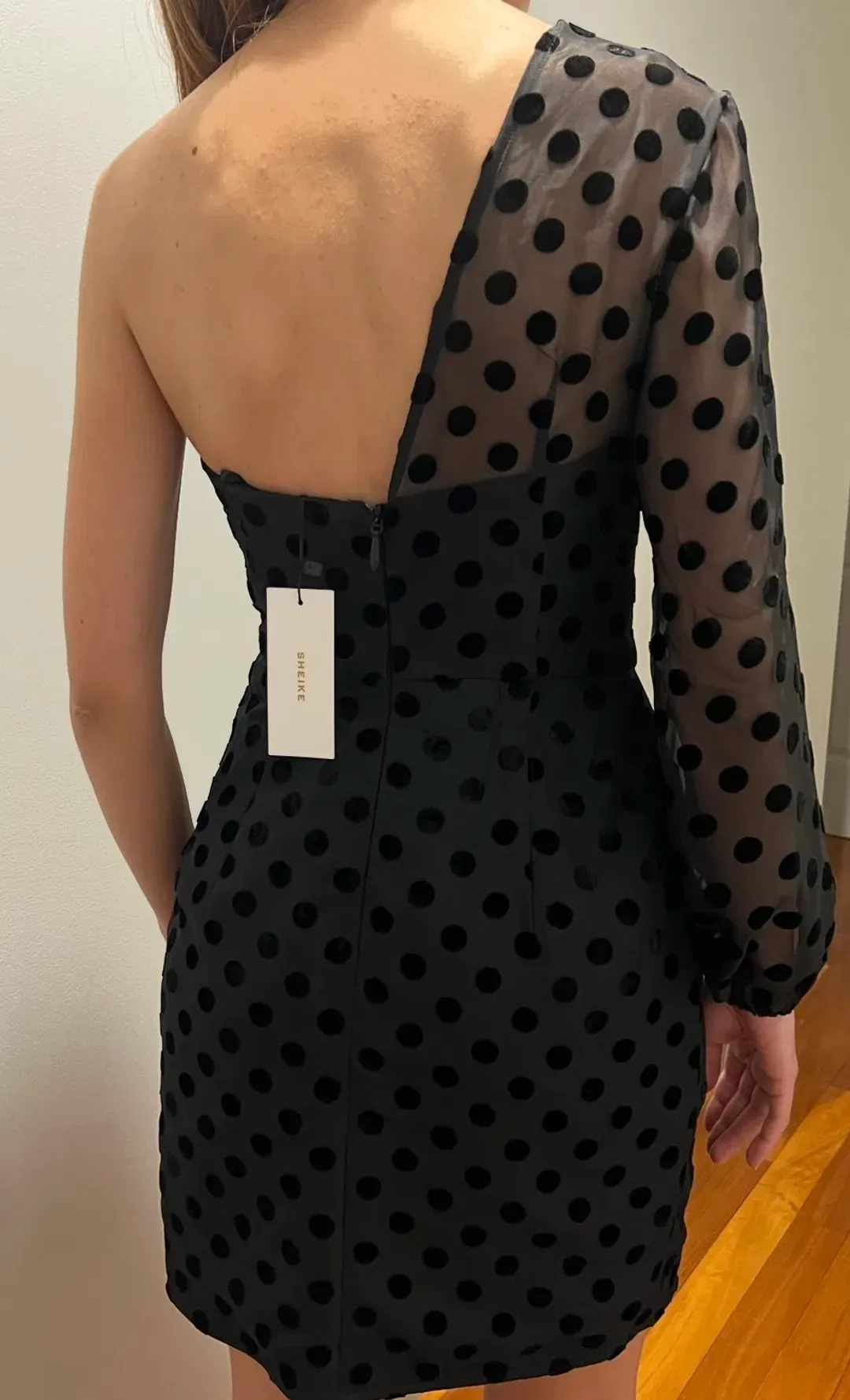 Sheike Revenge Mesh Polka Dot One Sleeve Mini Dress Black Size 8 for rent on The Volte - main image