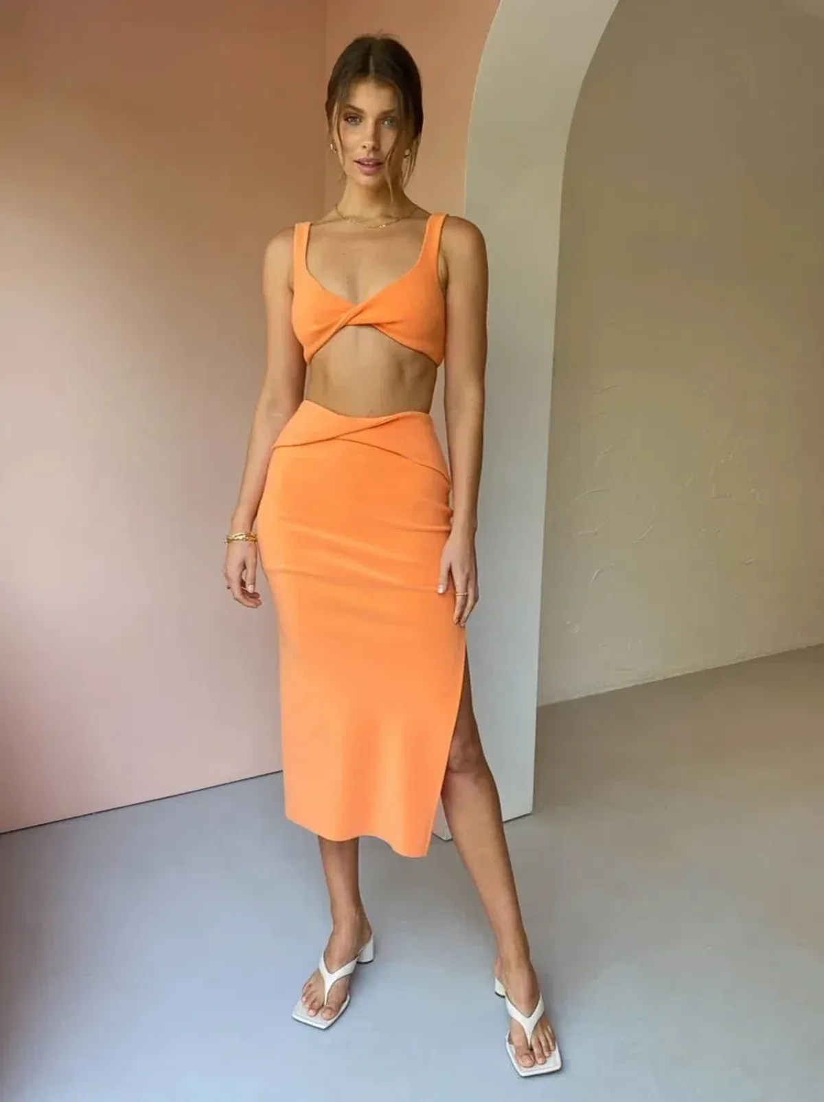Bec & Bridge Clover Top and Midi Skirt Set Nectarine Size 8 for rent on The Volte - main image