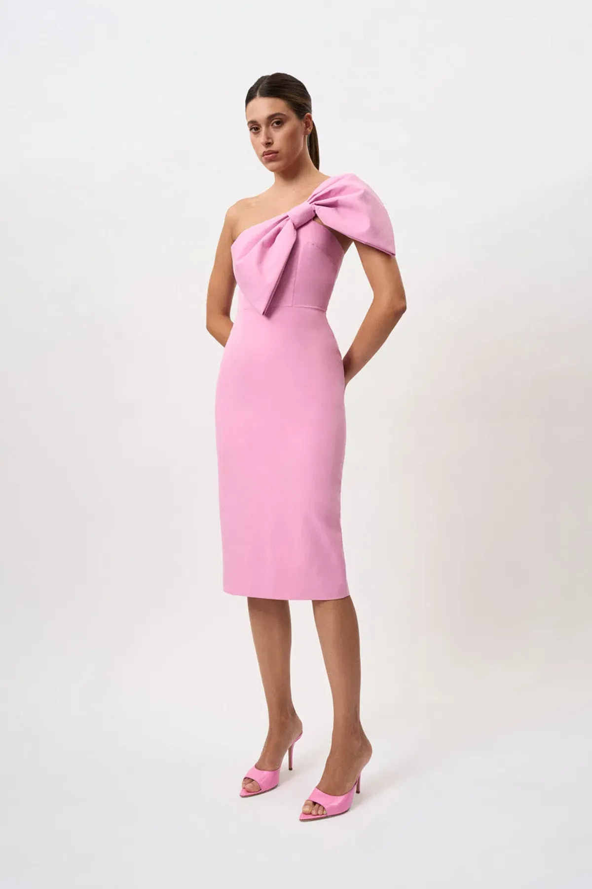 By Johnny Bridget Bow Midi Dress Taffy Pink Size 8 for rent on The Volte - main image