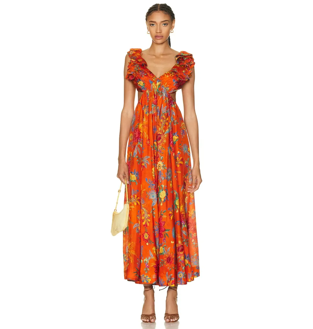 Zimmermann Ginger Frill Midi Dress in Orange Floral Size 3 / AU 14 for rent on The Volte - main image