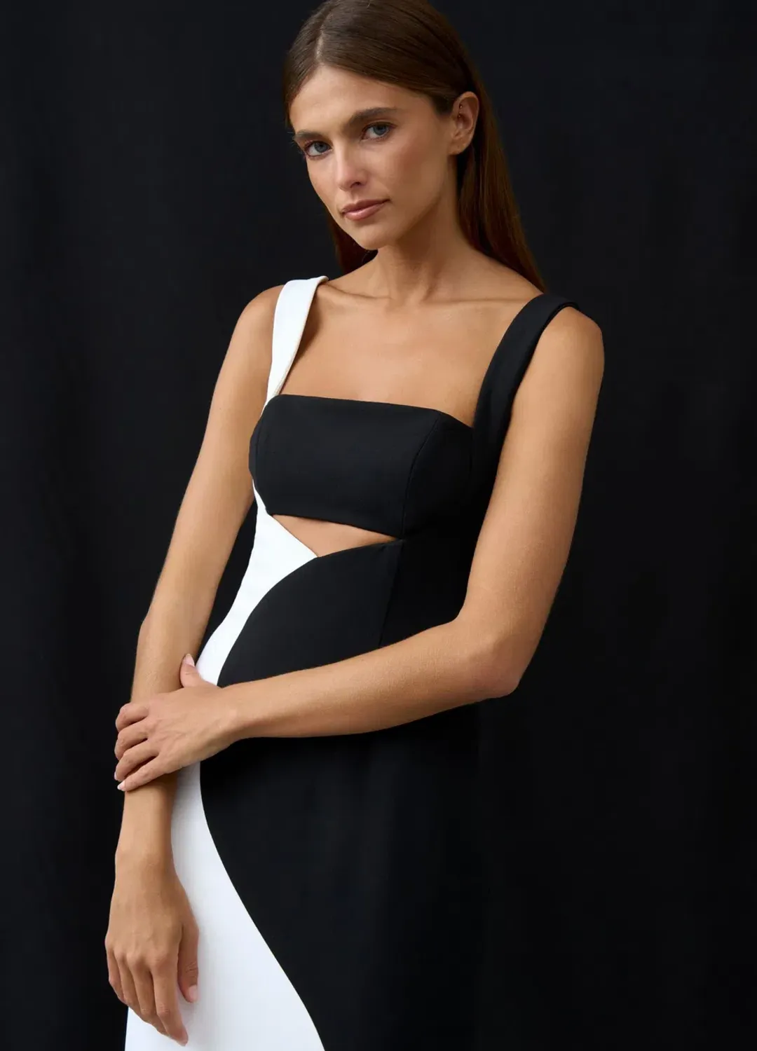 By Johnny Caterina Two Tone Curve Midi Dress Black/White Size AU 10 for rent on The Volte - main image