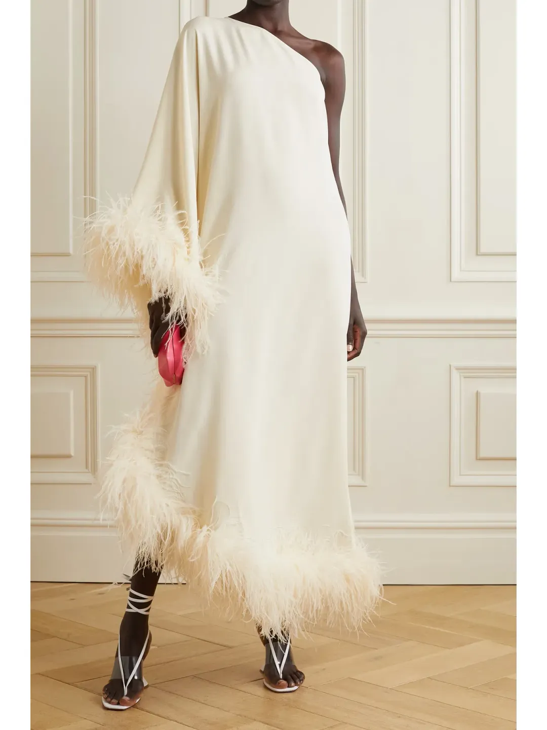 Taller Marmo Ubud One Shoulder Feather Trimmed Crepe Maxi Dress Ivory Size 38 / AU 6 for rent on The Volte - main image