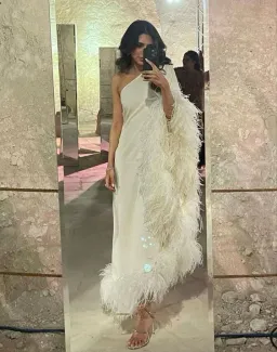Taller Marmo Ubud One Shoulder Feather Trimmed Crepe Maxi Dress Ivory Size 38 / AU 6 for rent on The Volte - image 9