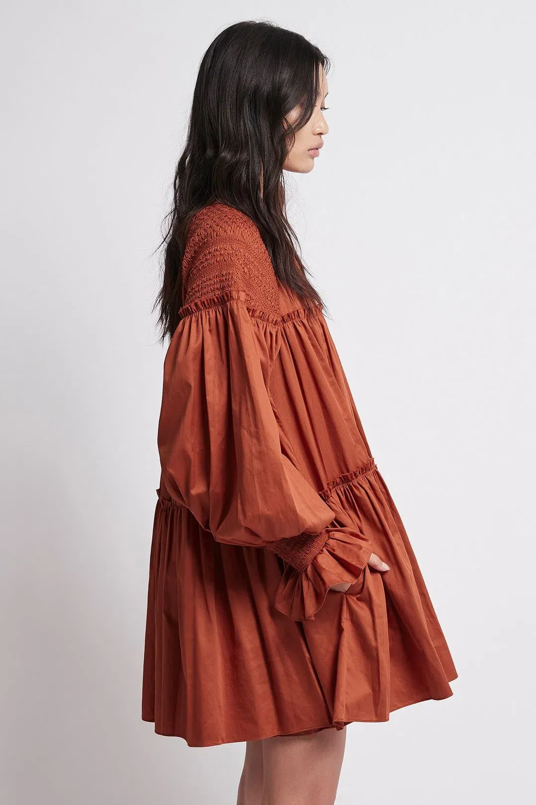Aje Tranquility Smock Mini Dress Rust Size 10 for rent on The Volte - main image