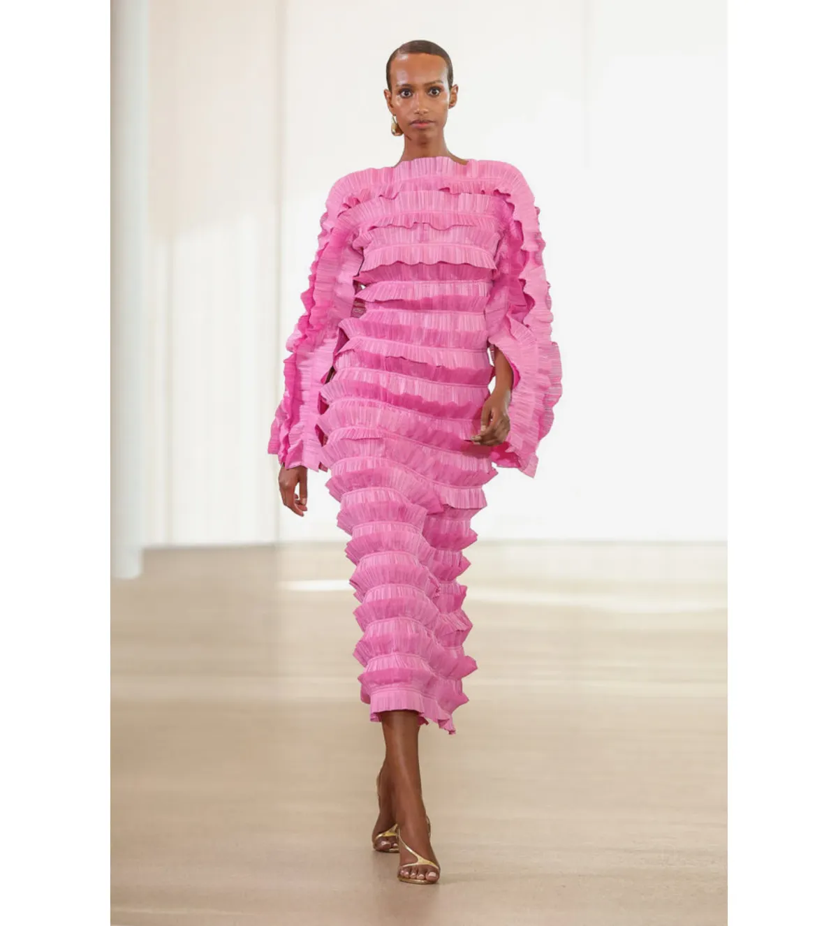 Aje Palladium Ruffled Midi Dress Pink  Size  8 for rent on The Volte - main image
