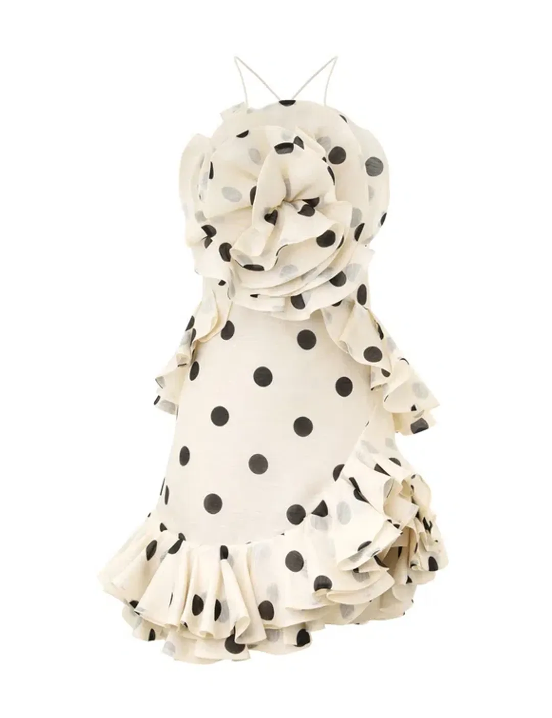 Zimmermann The Crush Ruffle Halter Mini Dress in Cream/Black Dot Size 0 / AU 8 for rent on The Volte - main image
