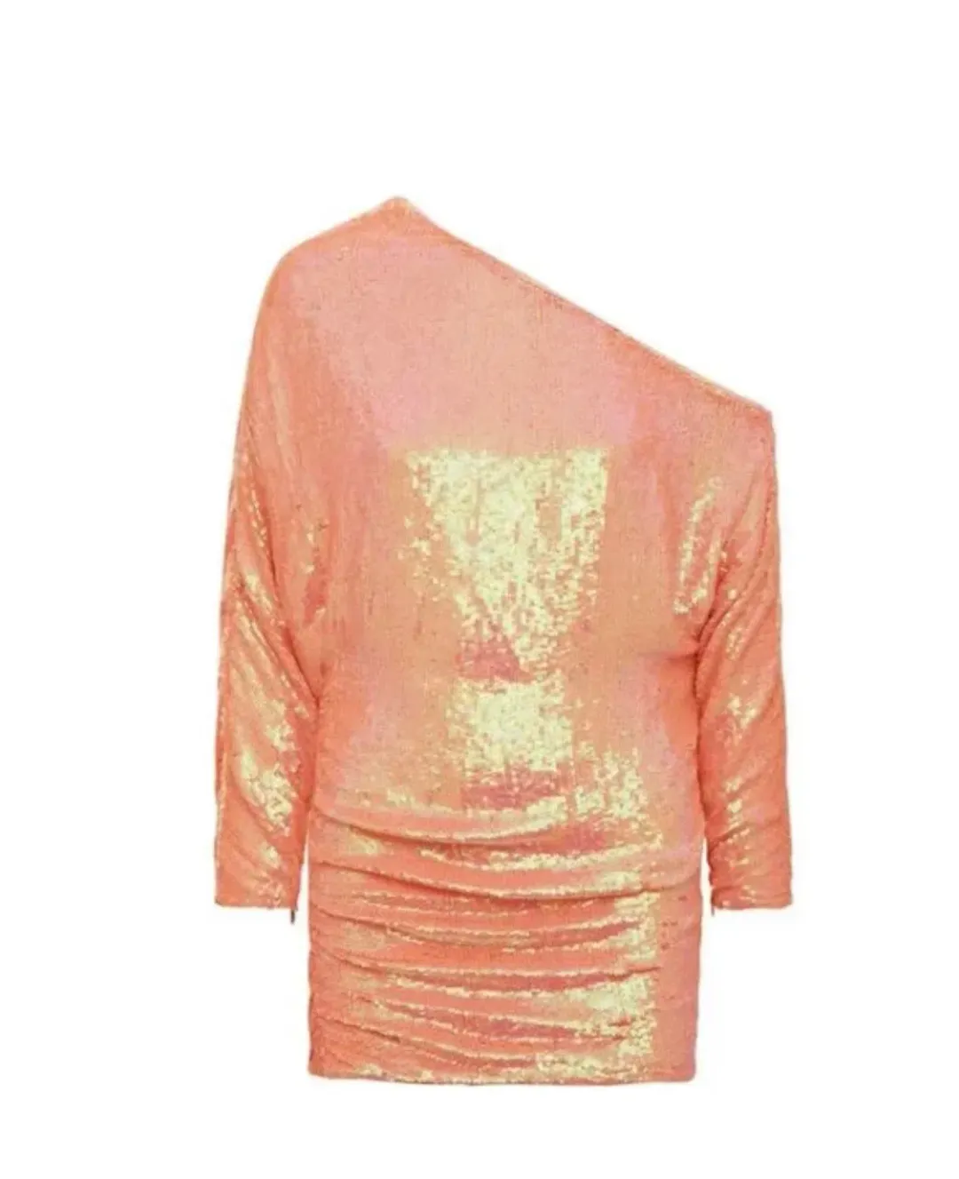 Retrofete Yasmin Sequin Off Shoulder Ruched Mini Dress in Grapefruit Size S / AU 8 for rent on The Volte - main image