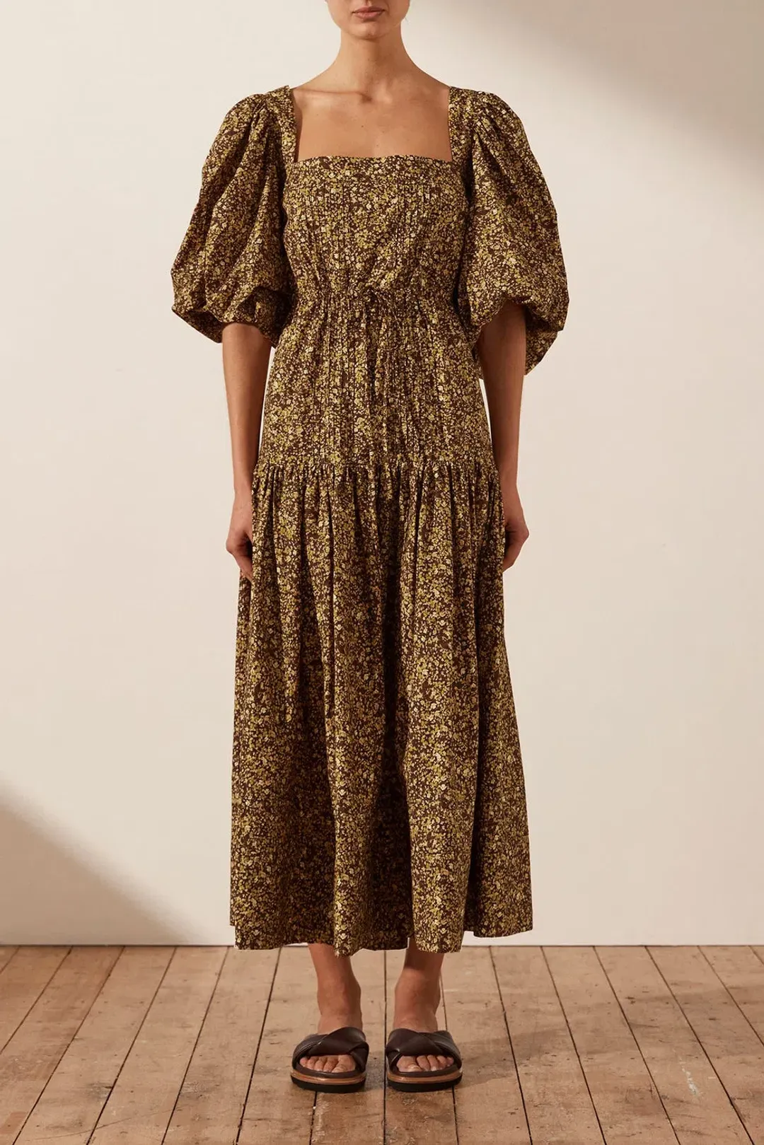 Shona Joy Dress Size 14 -Cross back Lilou Pin Tuck Midi Cotton Mimosa Brown Floral  for rent on The Volte - main image
