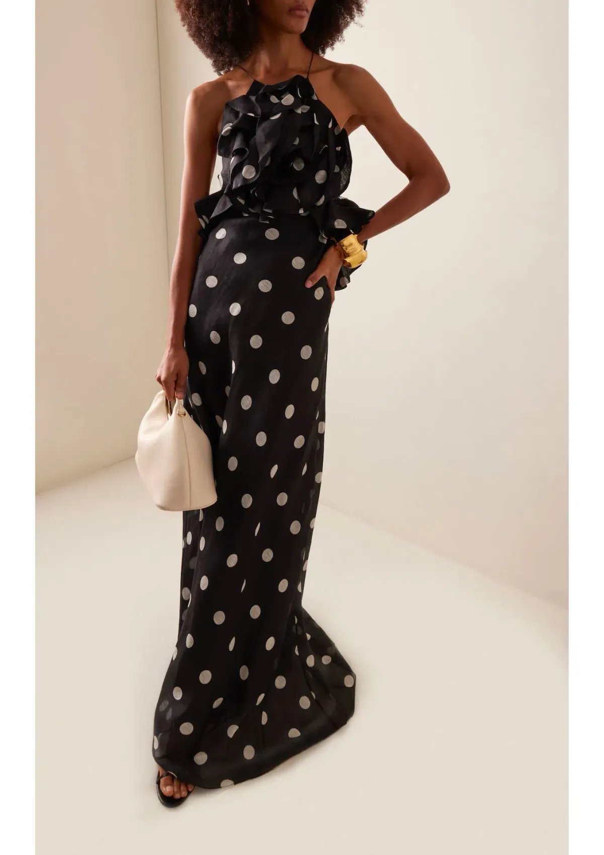 Zimmermann Crush Ruffle Halter Maxi Gown Black/Cream Dot Size 1 / AU 10 for rent on The Volte - main image