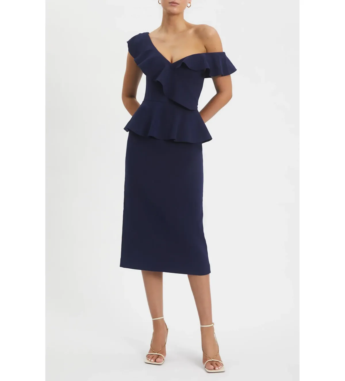 Rebecca Vallance Grace Frill Midi Dress Navy Size AU 10 for rent on The Volte - main image