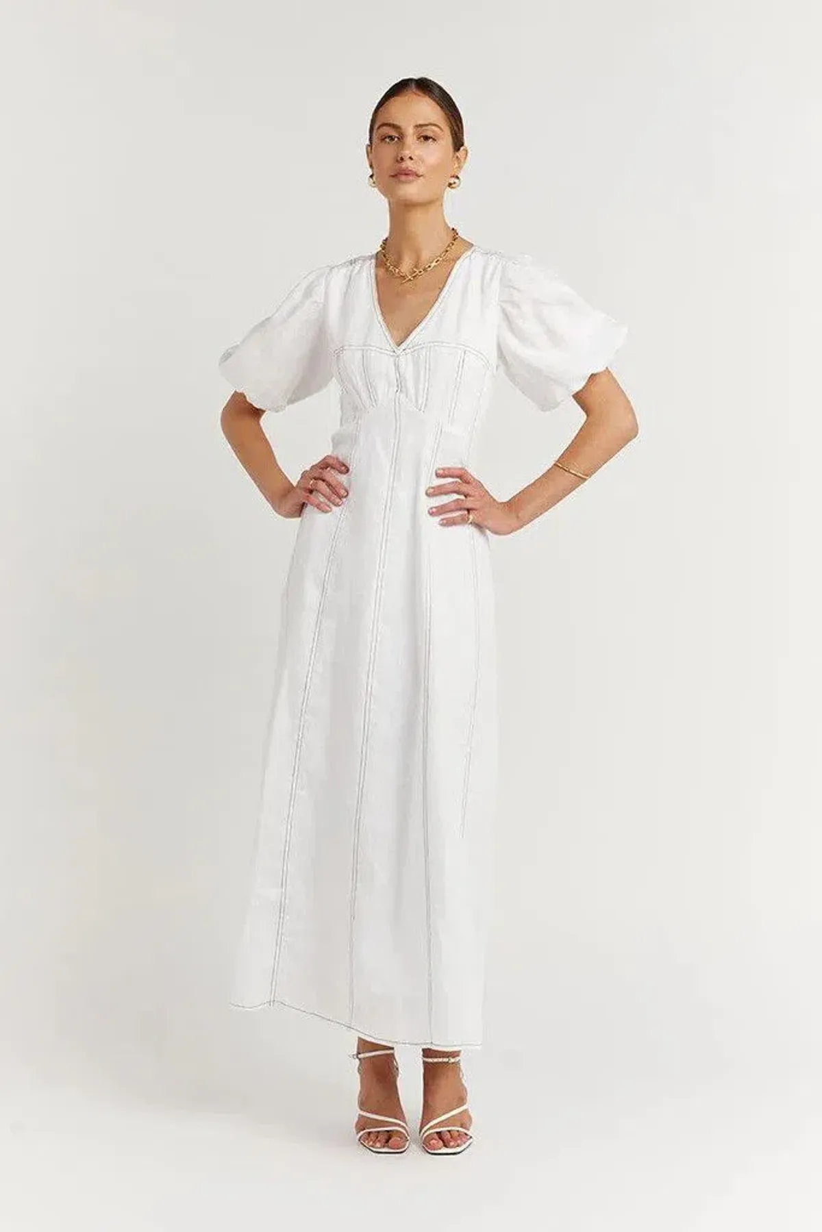 Dissh Chai Linen Panelled Puff Sleeve Midi Dress Off White ivory Size M / AU 10  for rent on The Volte - main image