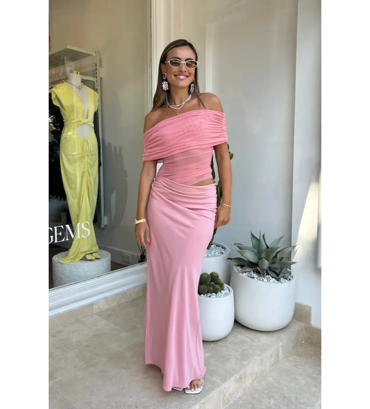 Benni Nico Off Shoulder Maxi Dress Candy Floss Pink Size AU 8 for rent on The Volte - main image