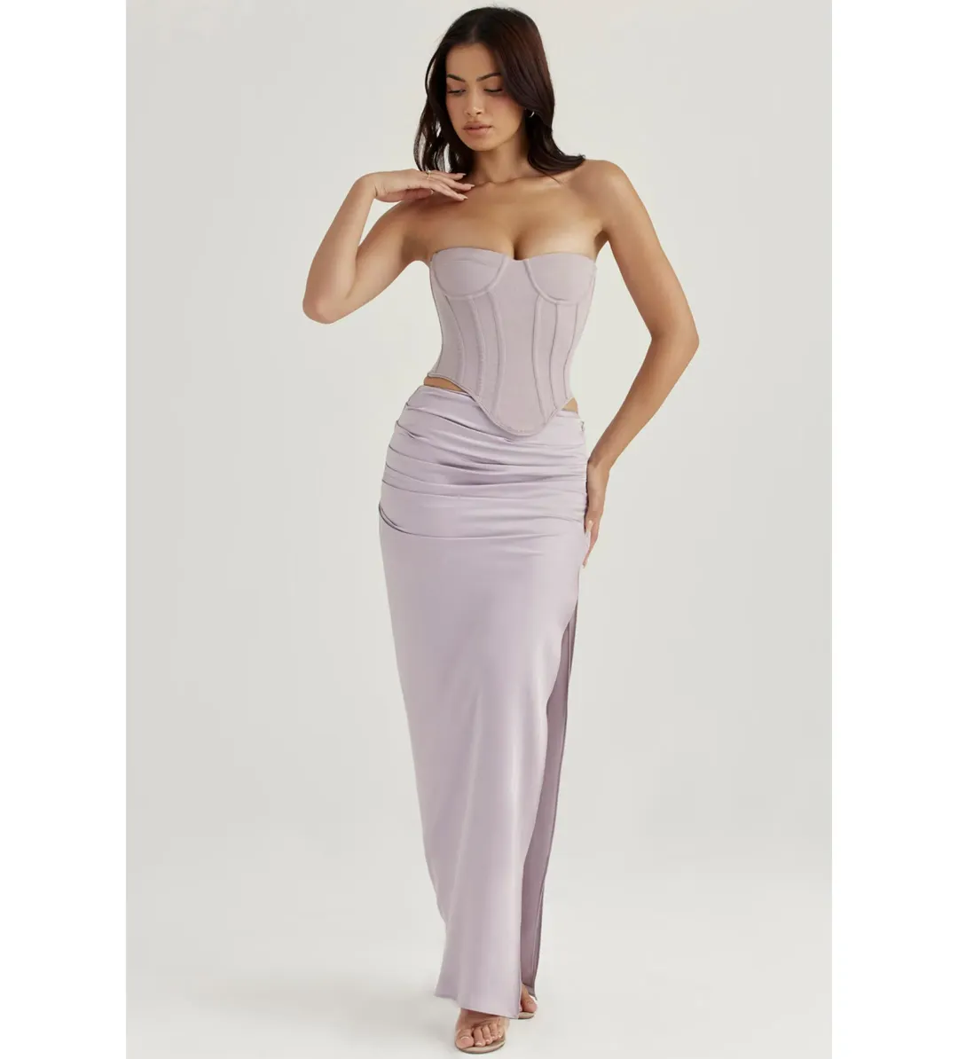 House of CB Half Underwired Corset and Jia Satin Gathered Maxi Skirt in Silver Size XS / AU 6 for rent on The Volte - main image