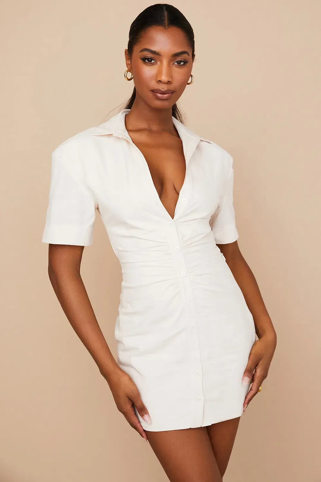 House of CB Luisa Open Back Shirt Mini Dress Beige Size XS / AU 6 for rent on The Volte - main image