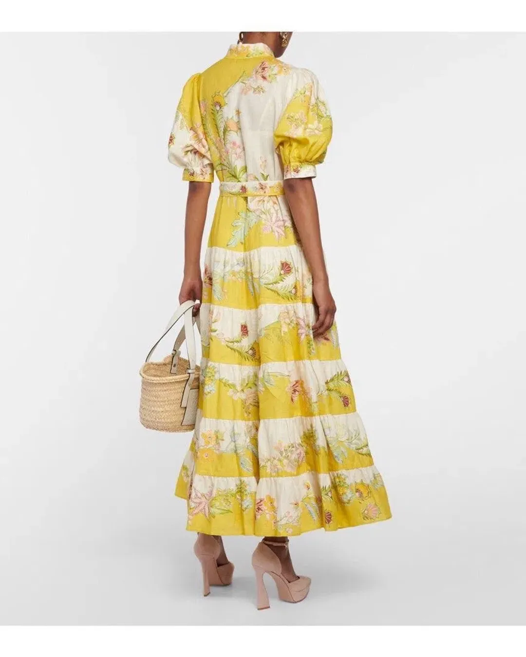 Alemais Ira Tiered Midi Dress Lemon/Cream Size AU 10 for rent on The Volte - main image
