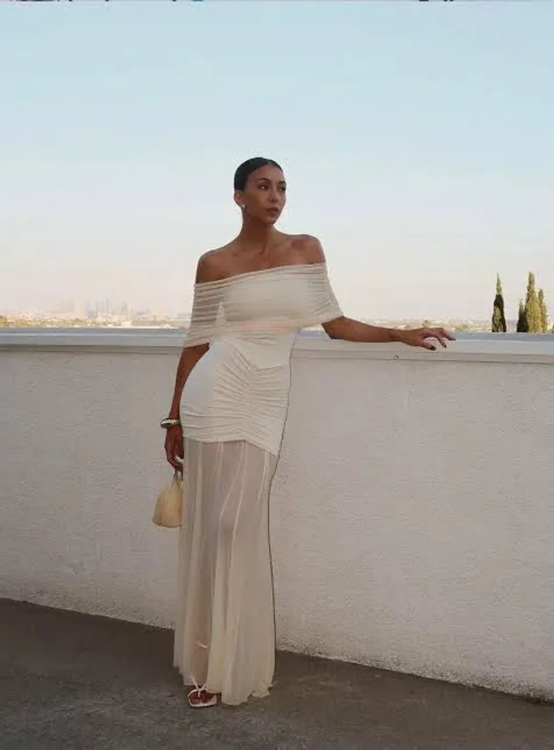 Meshki Caspian Slinky And Mesh Off Shoulder Maxi Dress Ivory Size S / AU 8 for rent on The Volte - main image