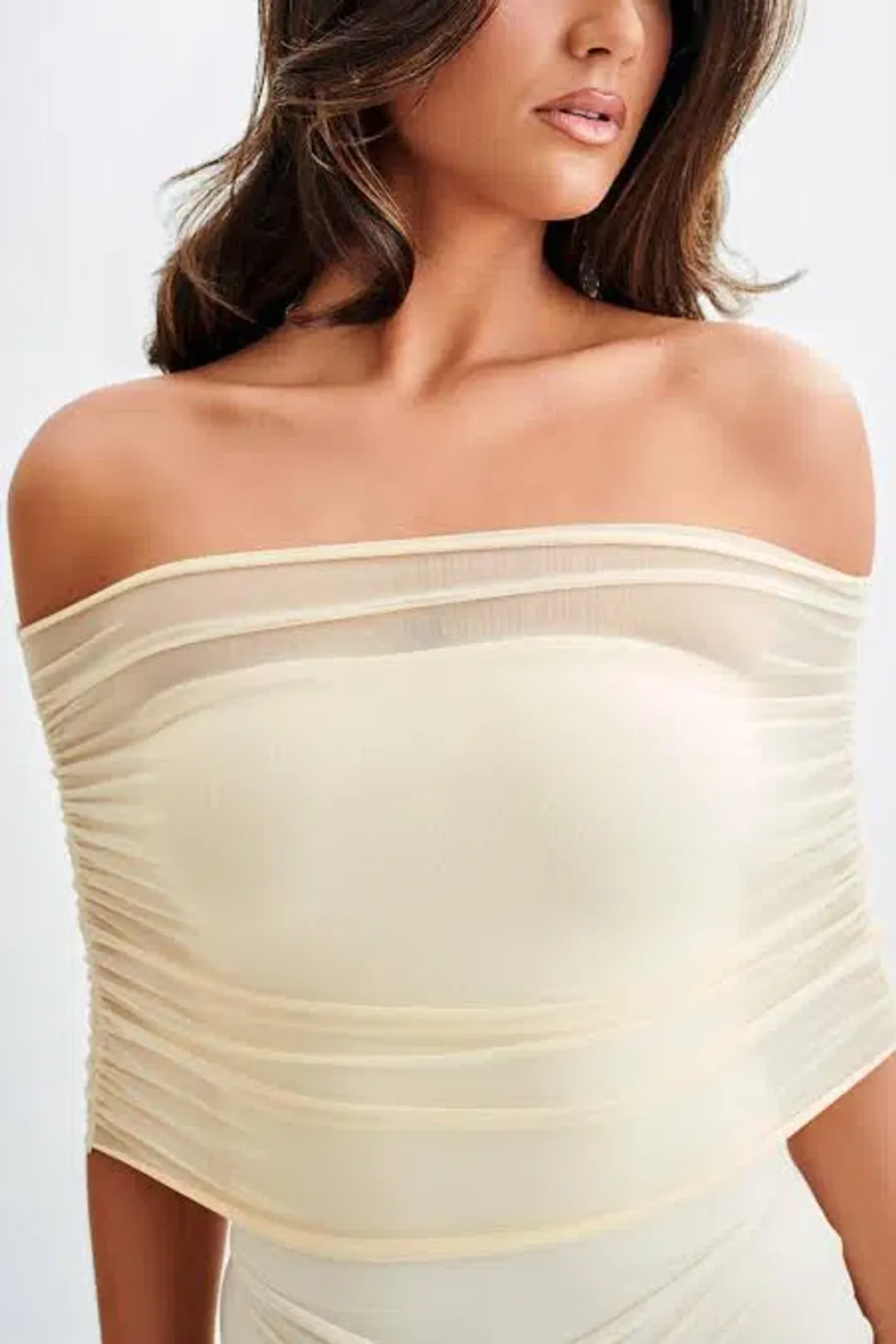 Meshki Caspian Slinky And Mesh Off Shoulder Maxi Dress Ivory Size M / AU 10 for rent on The Volte - main image