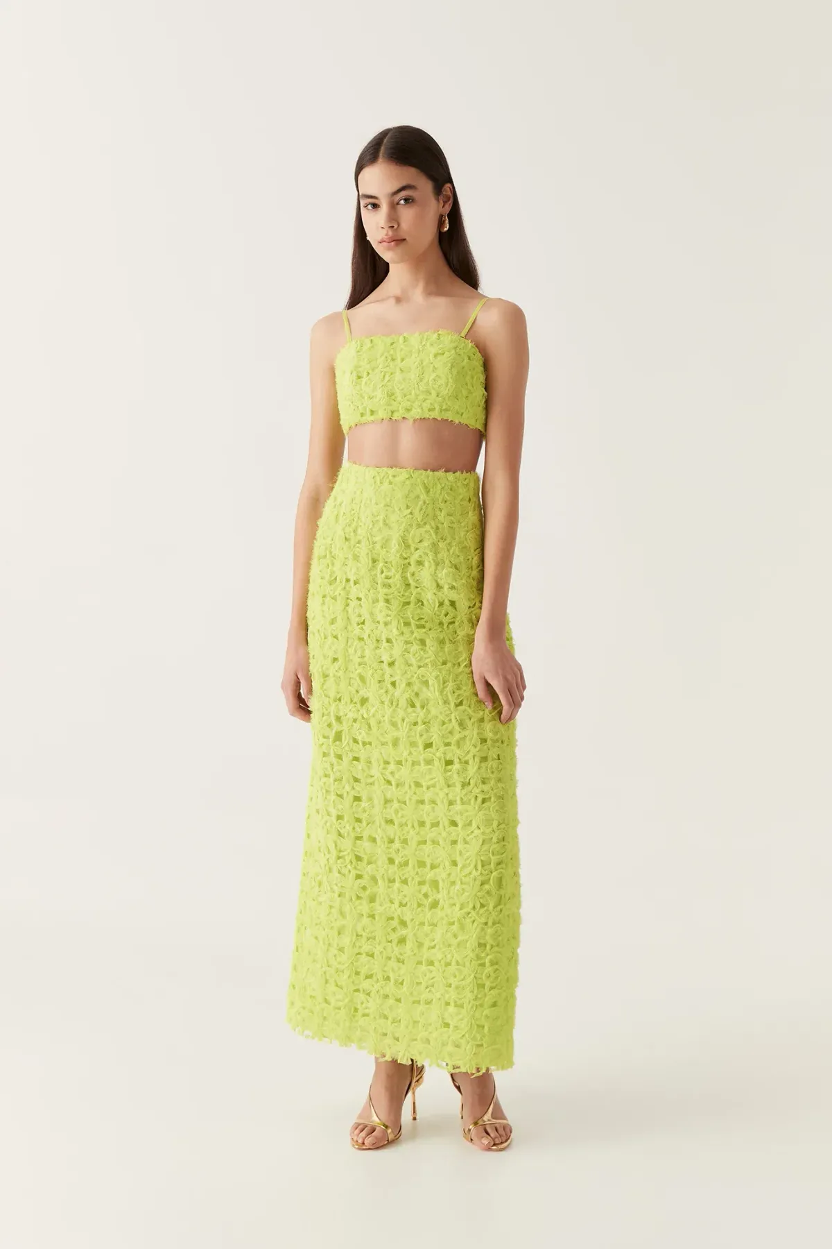 Aje Quintette Textured Bralette & Midi Skirt Set Light Lime Green Size 8 for rent on The Volte - main image