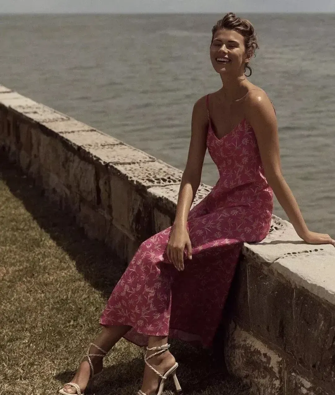 Scanlan Theodore Linen Palm Print Slip Dress Pink Size 6 for rent on The Volte - main image