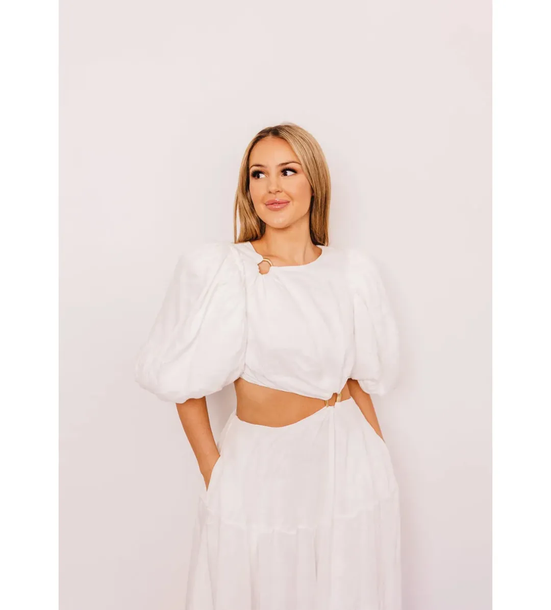 Aje Vanades Cut Out Ring Midi Dress in Ivory Size AU 6 for rent on The Volte - main image