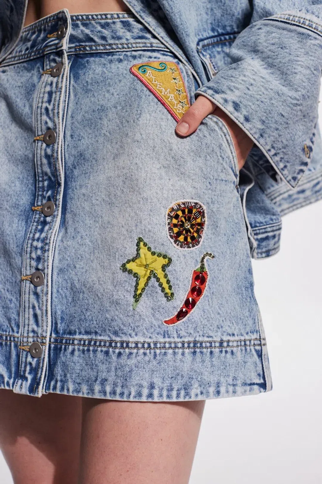 Alemais Jackpot Denim Jacket Size AU 8 and Mini Skirt Size AU 10 Blue for rent on The Volte - main image