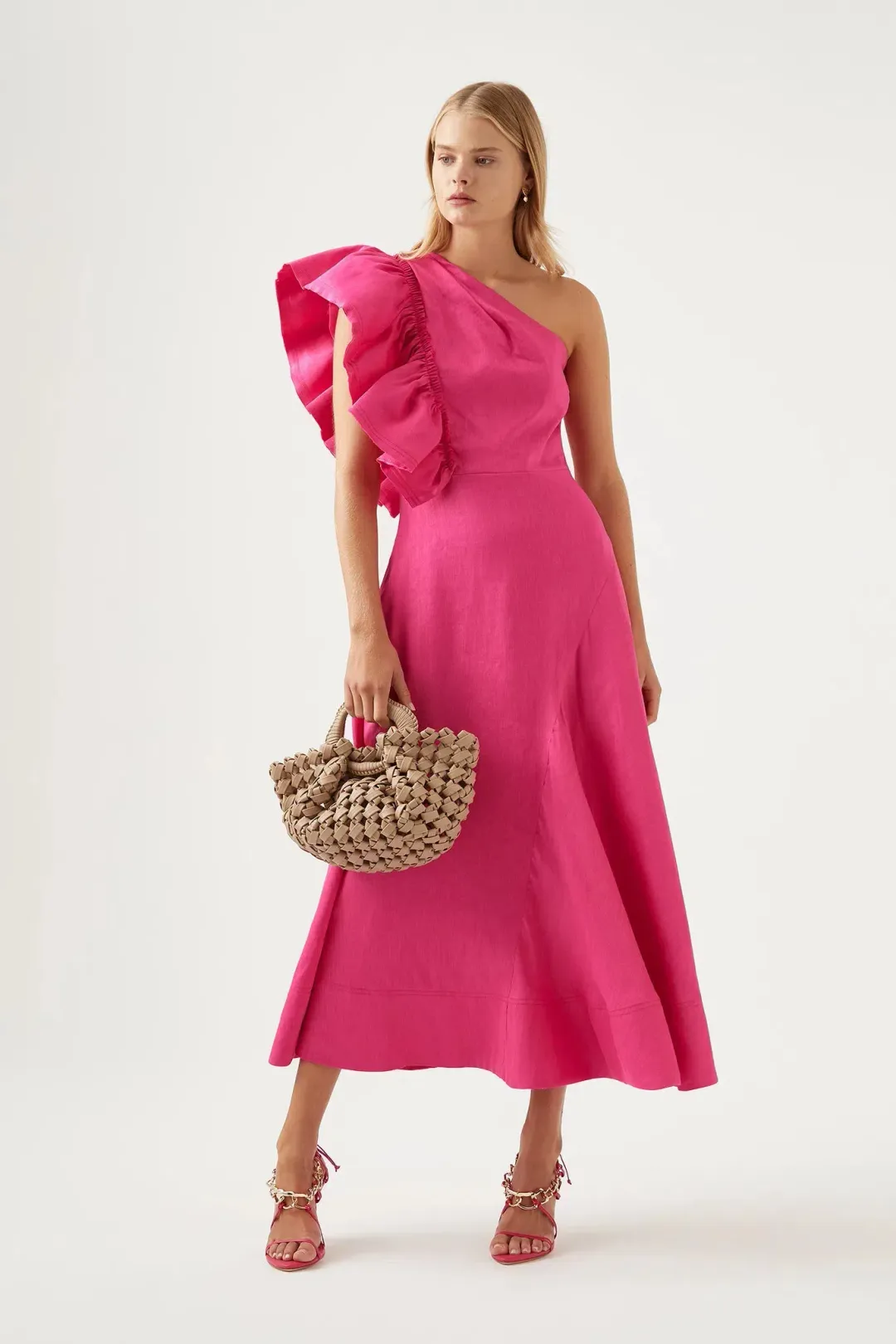 Aje Bonjour Asymmetric Midi Dress Fuchsia Size 6 for rent on The Volte - main image