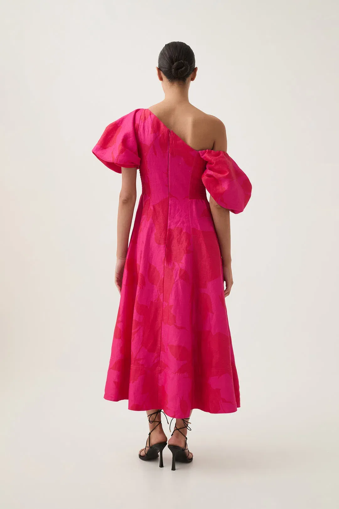 Aje Arista Tulip Sleeve Midi Dress in Florescent Rose Size AU 10 for rent on The Volte - main image