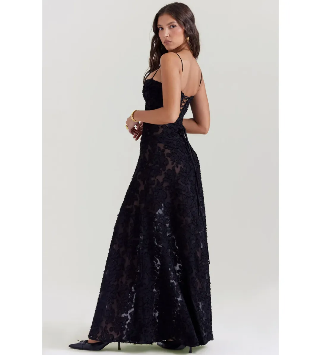 House Of CB Seren Floral Lace Back Maxi Dress Black Size AU 10 for rent on The Volte - main image