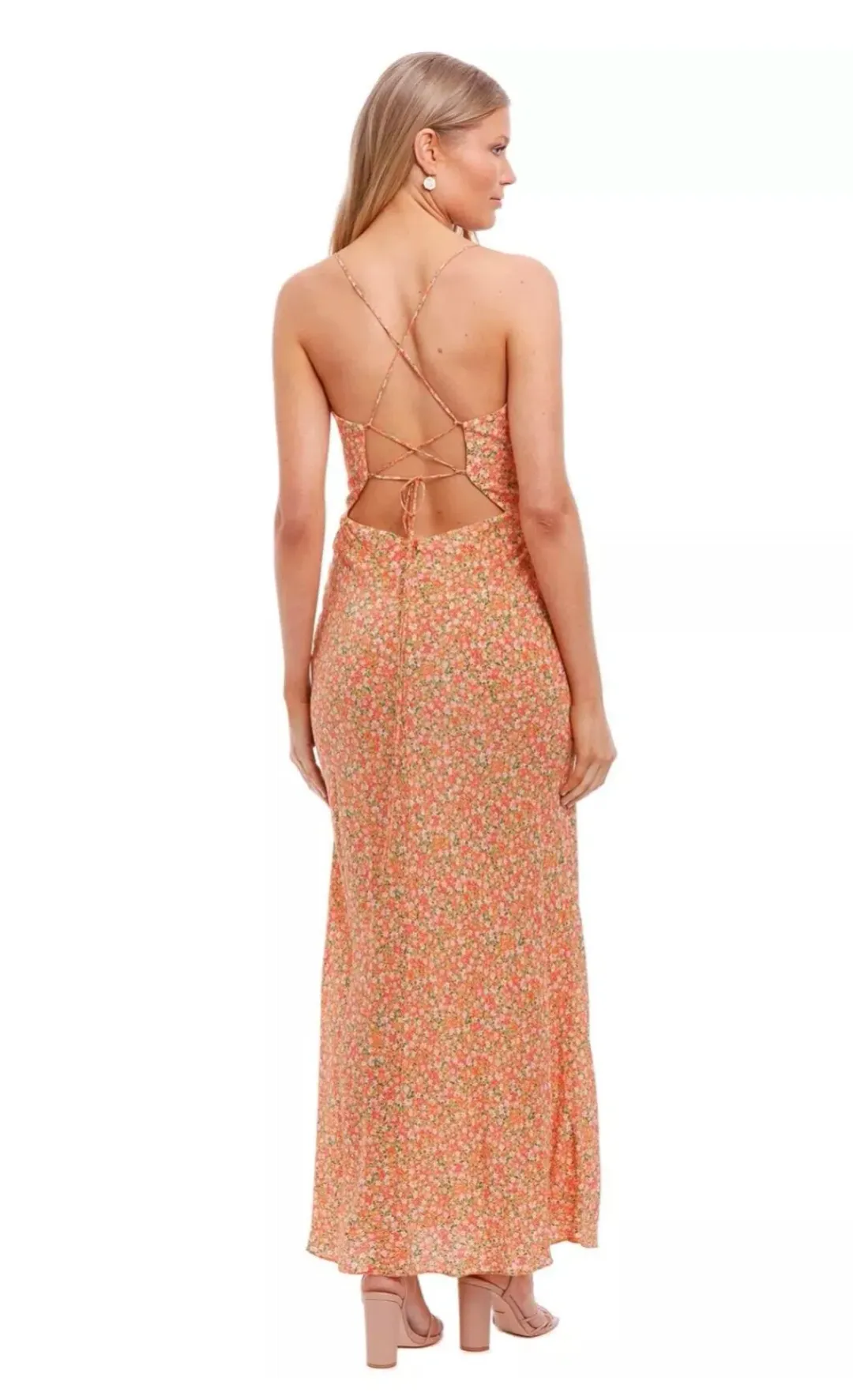Bec & Bridge Rosie Silk Cut Out Tie Front Midi Dress Orange Floral Size 8 for rent on The Volte - main image