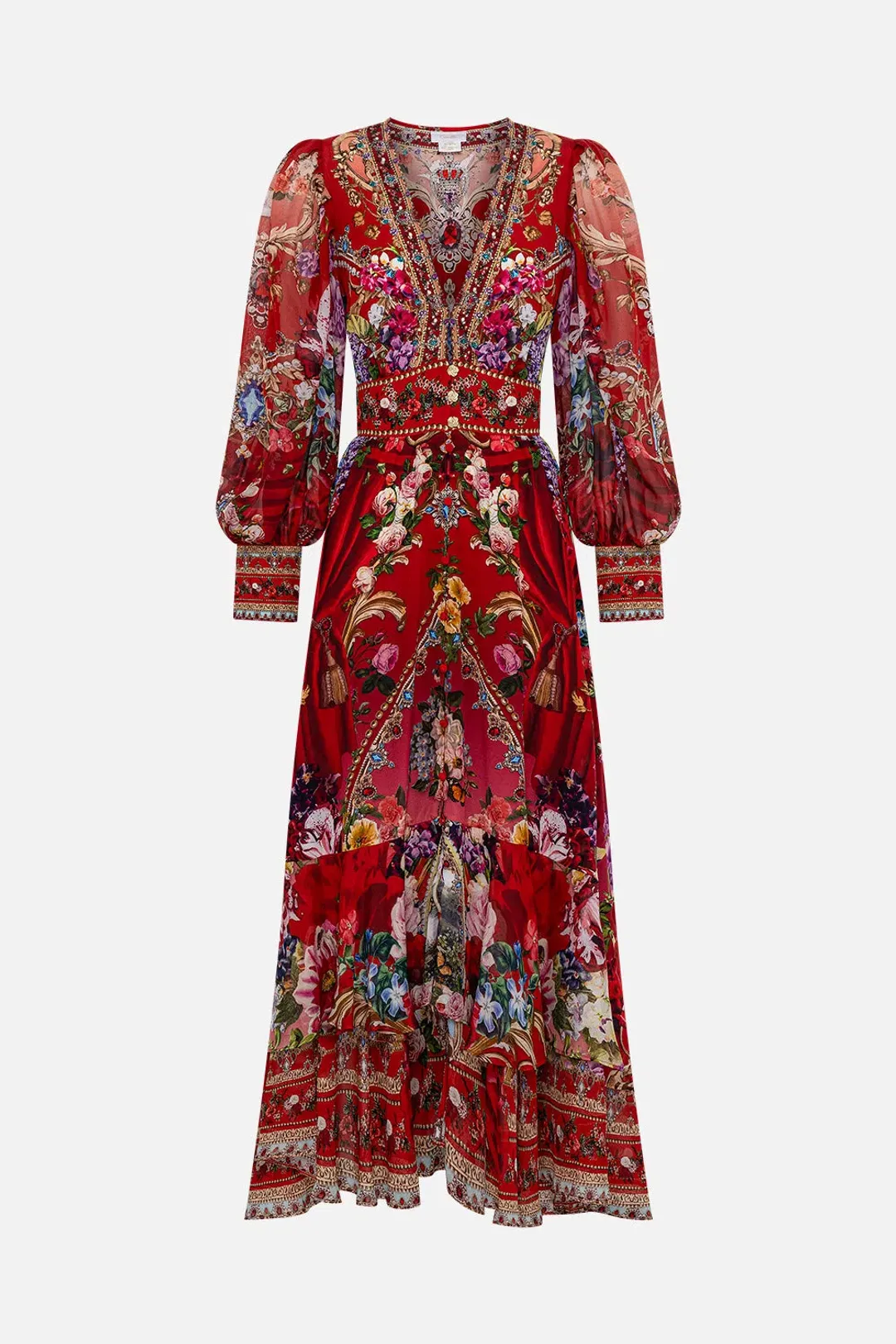 Camilla Red Long Button Front Dress ‘Rites of Roses’ Size S / AU 10 for rent on The Volte - main image