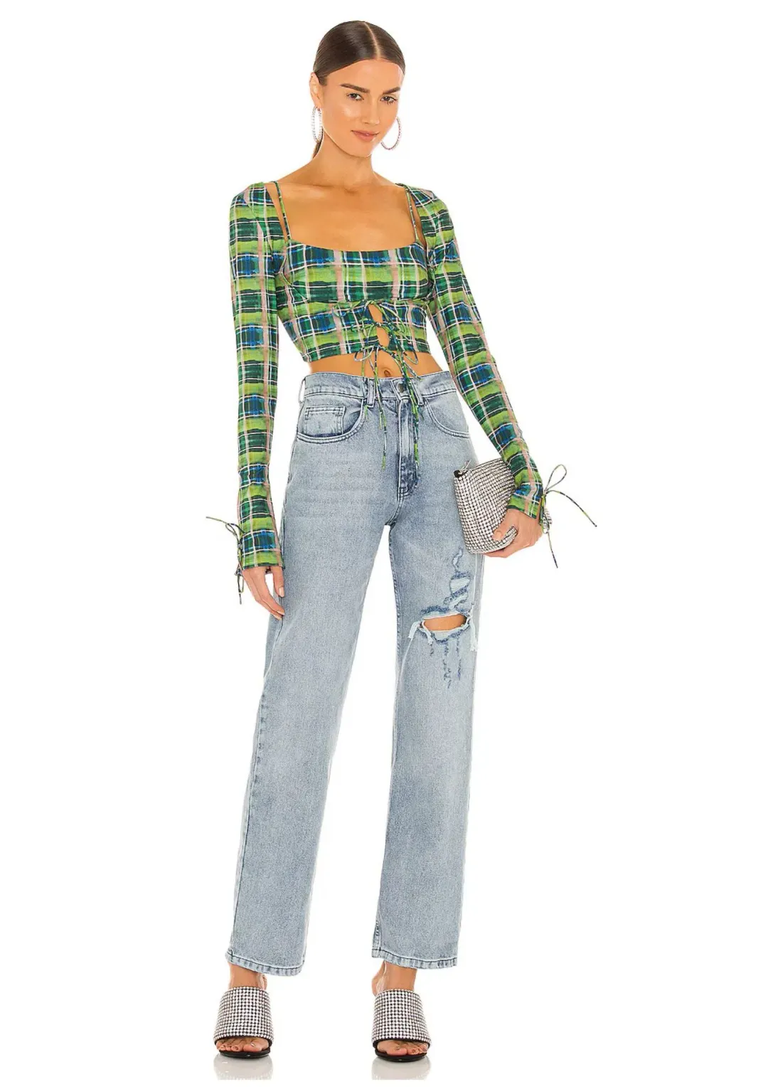 Danielle Guizio Plaid Bralette Top and Scoop Tie Cardigan Set Deep Green Size XS / AU 6 for rent on The Volte - main image
