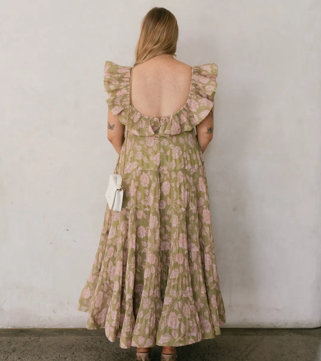 Zimmermann Lovestruck Pleated Gown Olive and Pink Rose Size 2 / AU 8-10 for rent on The Volte - main image