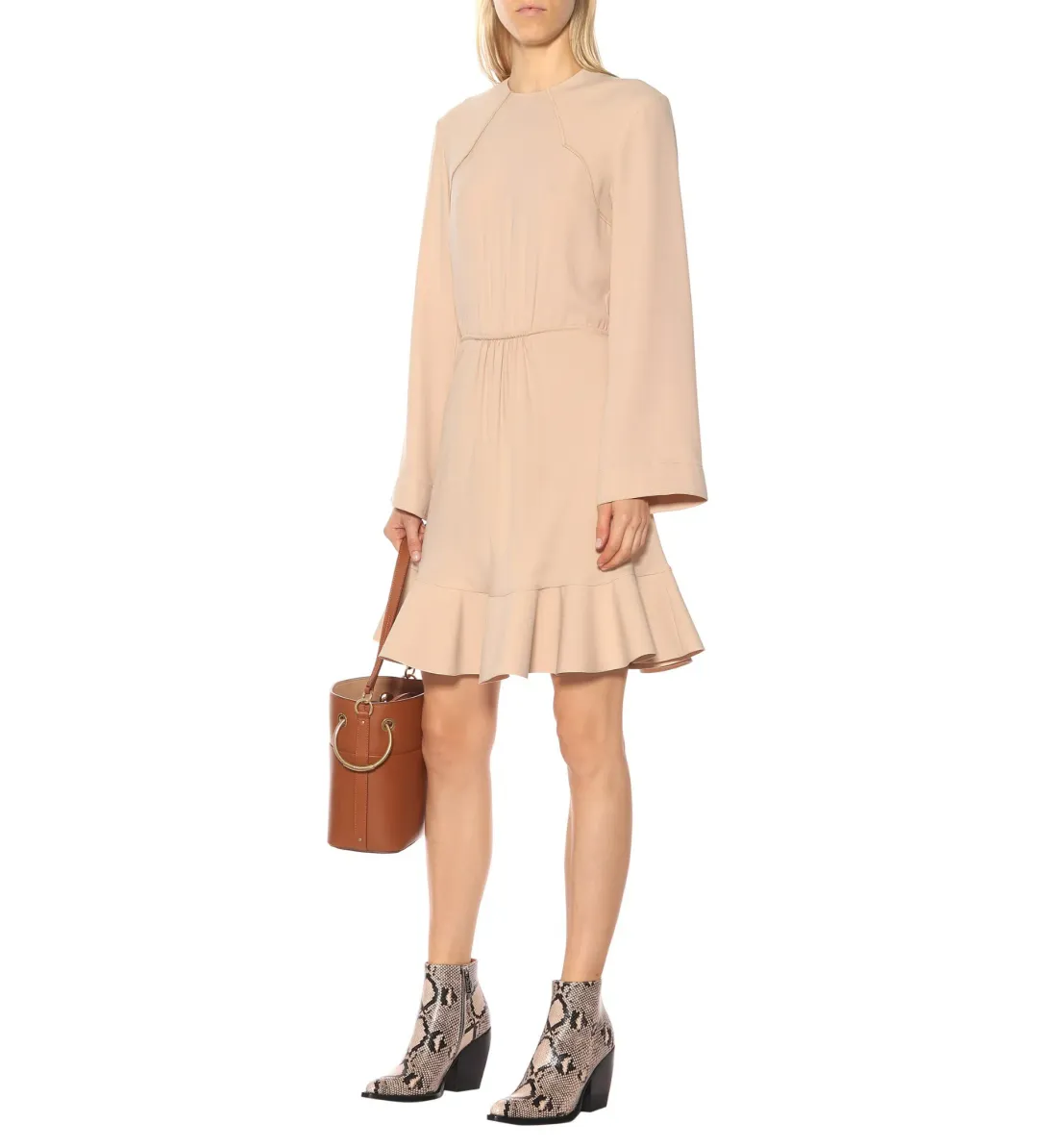 Chloe Crêpe Mini Dress in Beige Size AU 8 for rent on The Volte - main image