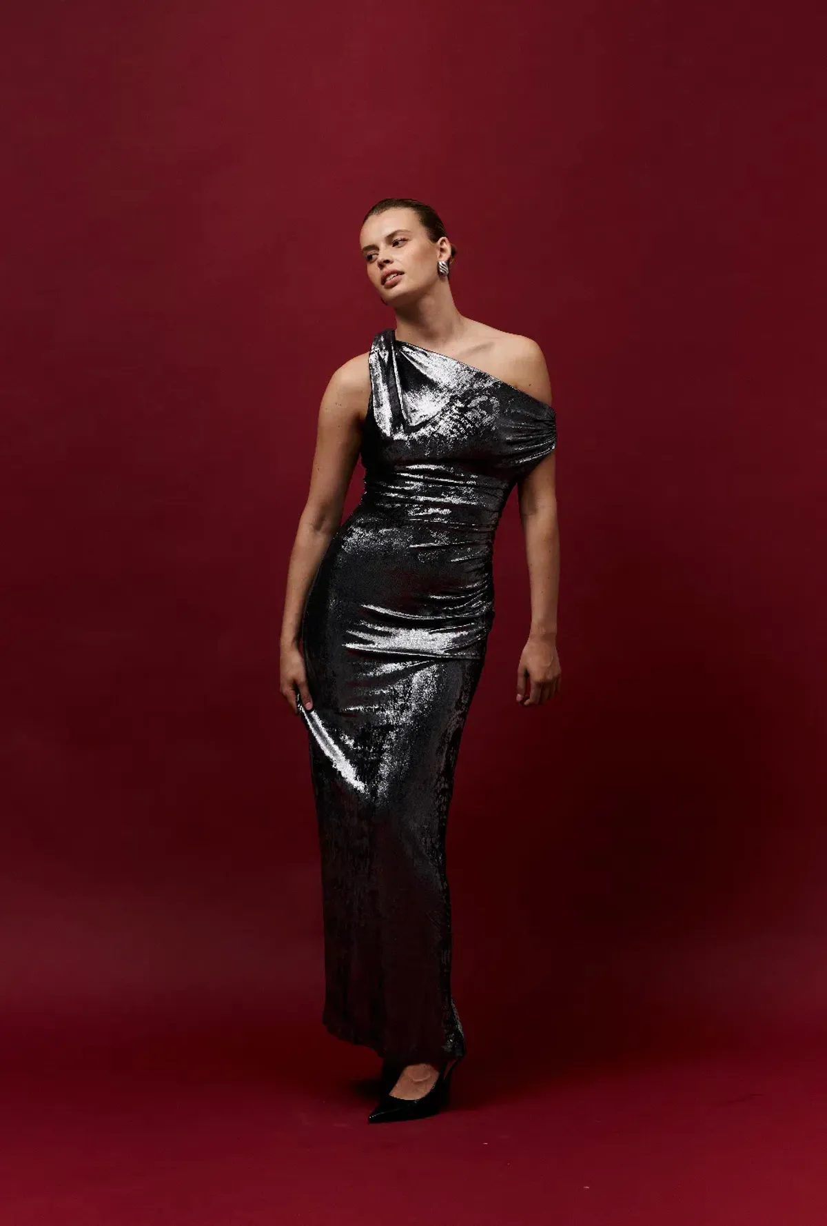 Misha Nyra Metallic Gown Silver Size 8/S for rent on The Volte - main image