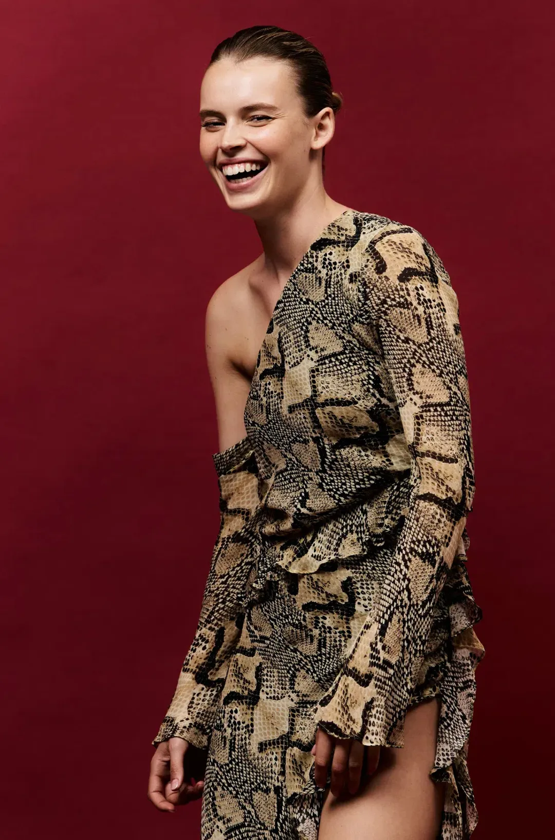 Shona Joy Hadiya Asymmetrical Long Sleeve Ruffle Maxi Dress in Hadiya Snake Print Size AU 8 for rent on The Volte - main image