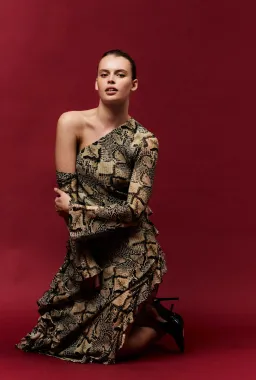Shona Joy Hadiya Asymmetrical Long Sleeve Ruffle Maxi Dress in Hadiya Snake Print Size AU 8 for rent on The Volte - image 1