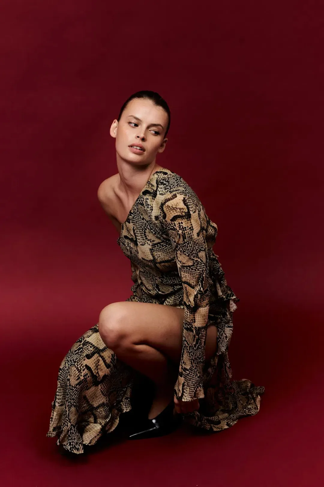 Shona Joy Hadiya Asymmetrical Long Sleeve Ruffle Maxi Dress in Hadiya Snake Print Size AU 8 for rent on The Volte - main image