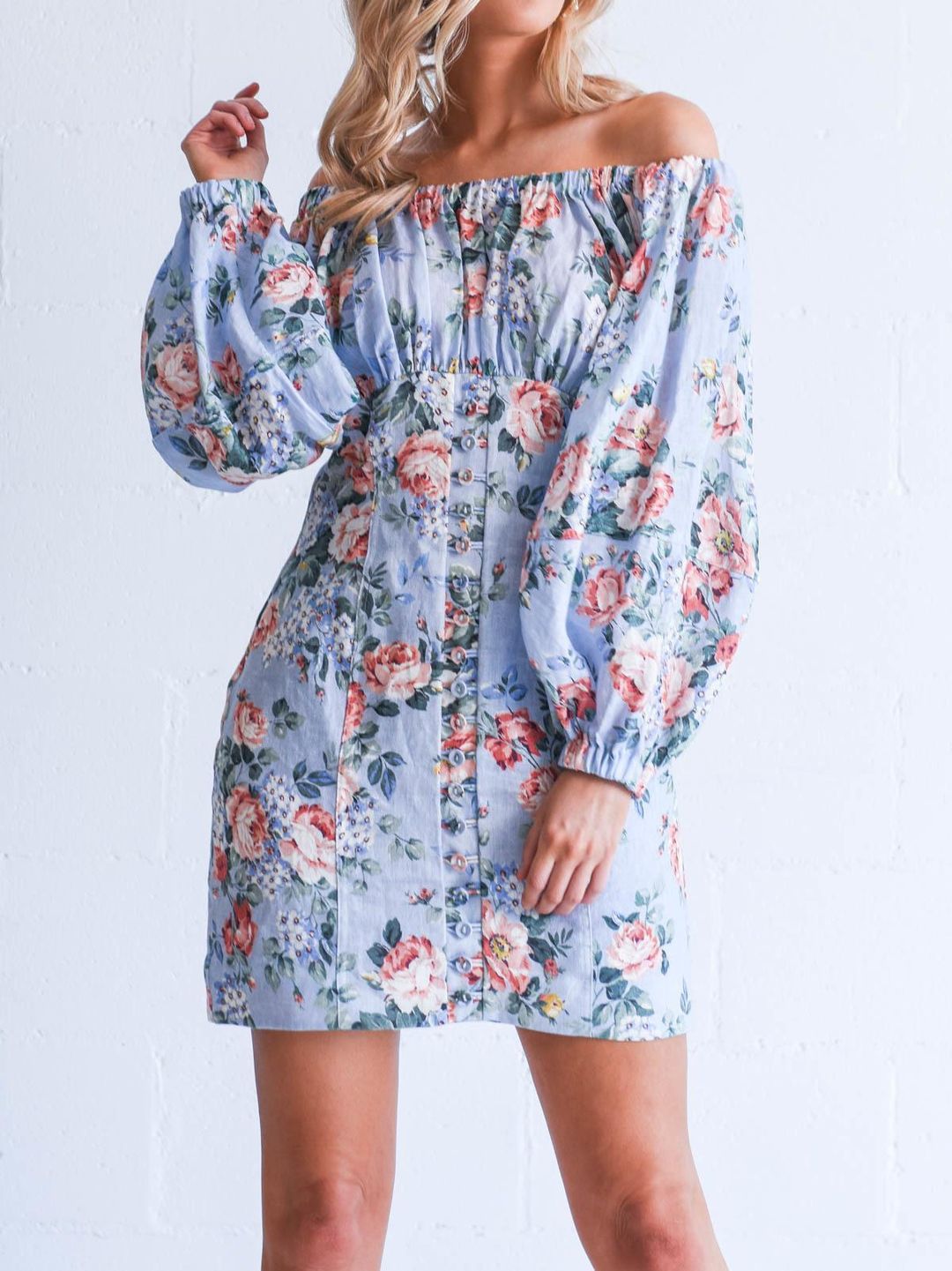 Zimmermann Bowie Off Shoulder Mini Dress Lilac Floral Print Size 1 / AU 10 for rent on The Volte - main image