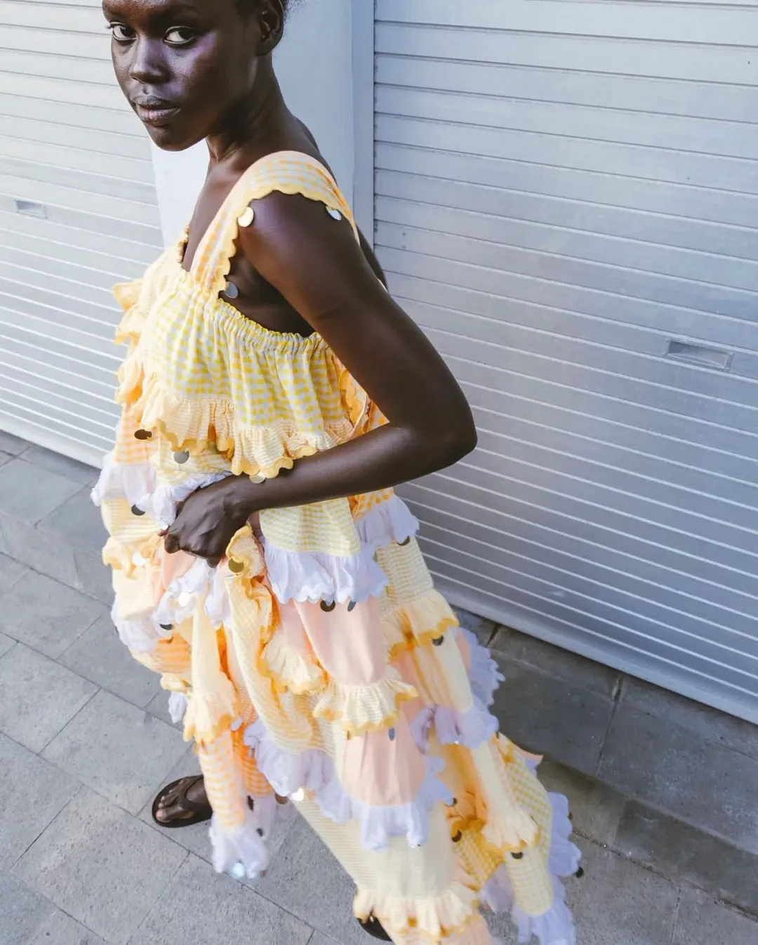 Innika Choo Ric Rac Patchwork Sequin Maxi Dress Yellow One Size for rent on The Volte - main image