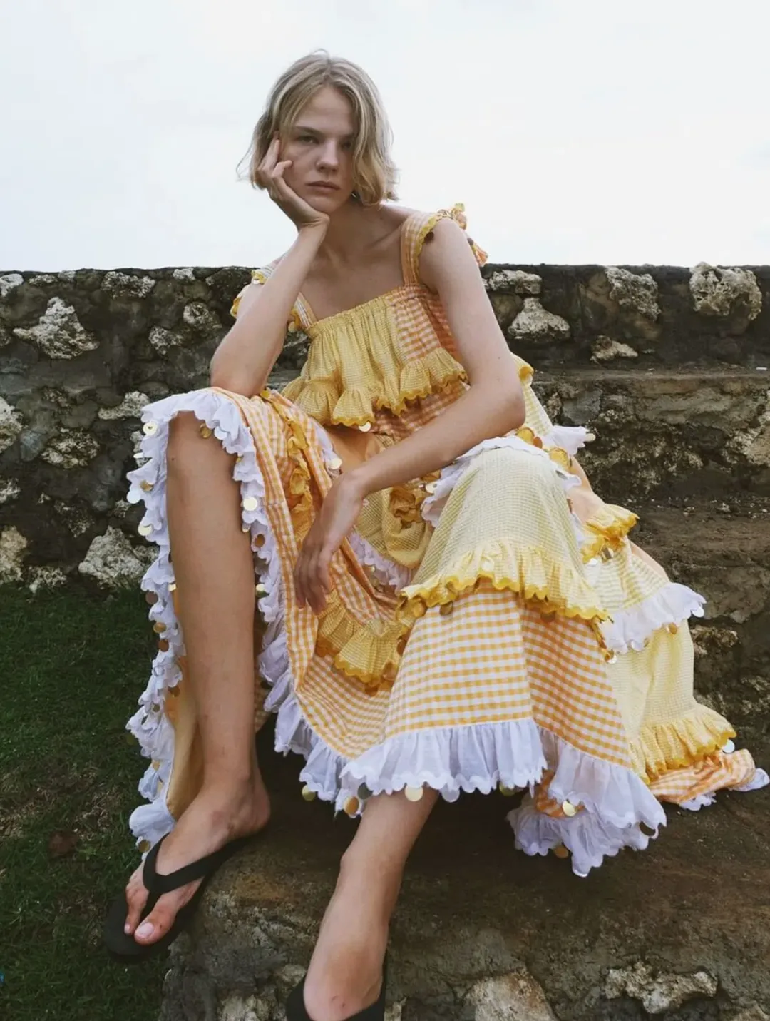 Innika Choo Ric Rac Patchwork Sequin Maxi Dress Yellow One Size for rent on The Volte - main image