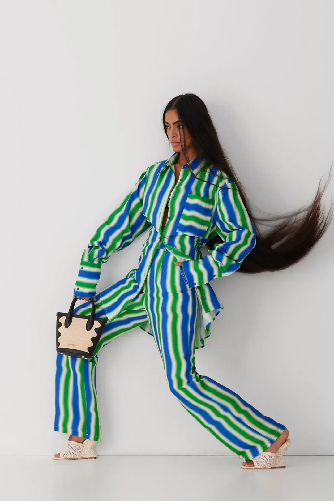 The Wolf Gang Waikiki Shirt Dress and Pant Set Cobalt Zigzag Size 8 for rent on The Volte - main image