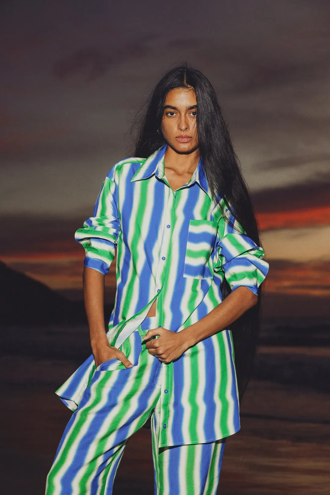 The Wolf Gang Waikiki Shirt Dress and Pant Set Cobalt Zigzag Size 8 for rent on The Volte - main image