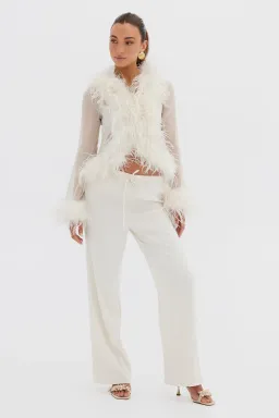 Bubish Gigi Sheer Feather Blouse & Bailey Draw Pant Set Ivory Size 8  for rent on The Volte - image 4