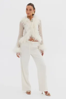 Bubish Gigi Sheer Feather Blouse & Bailey Draw Pant Set Ivory Size 8  for rent on The Volte - image 1