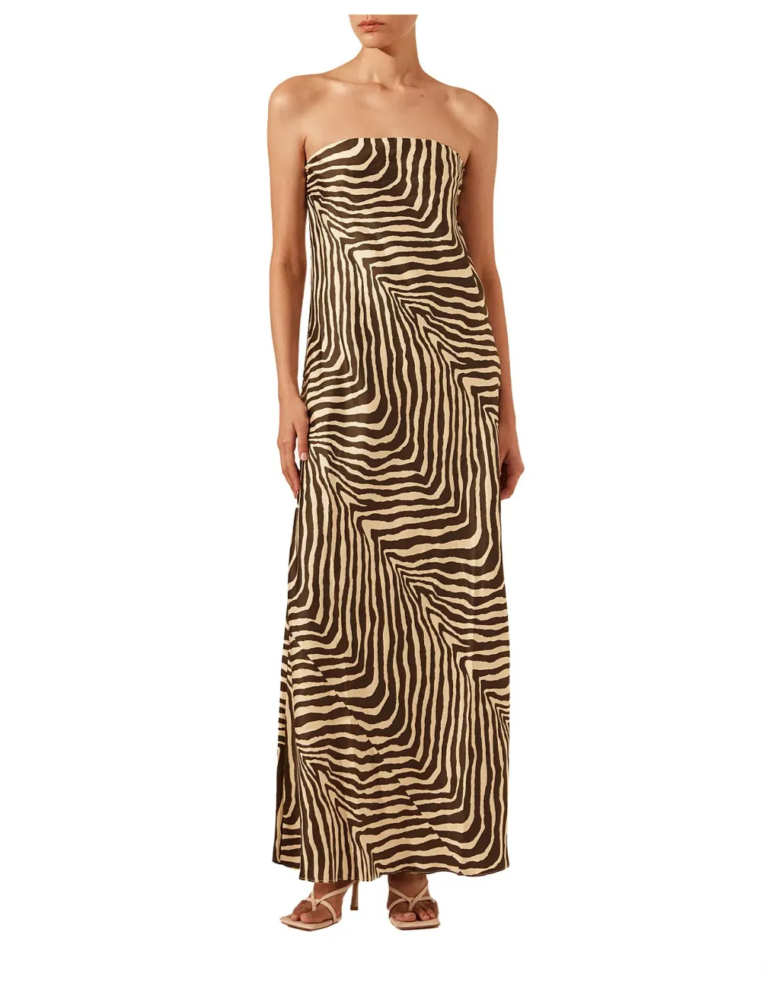 Shona Joy Sana Zebra Silk Strapless Bias Maxi Dress Bone/Chocolate Size 10 for rent on The Volte - main image