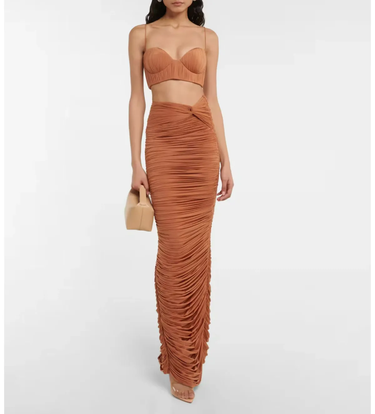 Alex Perry Hartley Ruched Maxi Skirt Brown Size AU 8 for rent on The Volte - main image