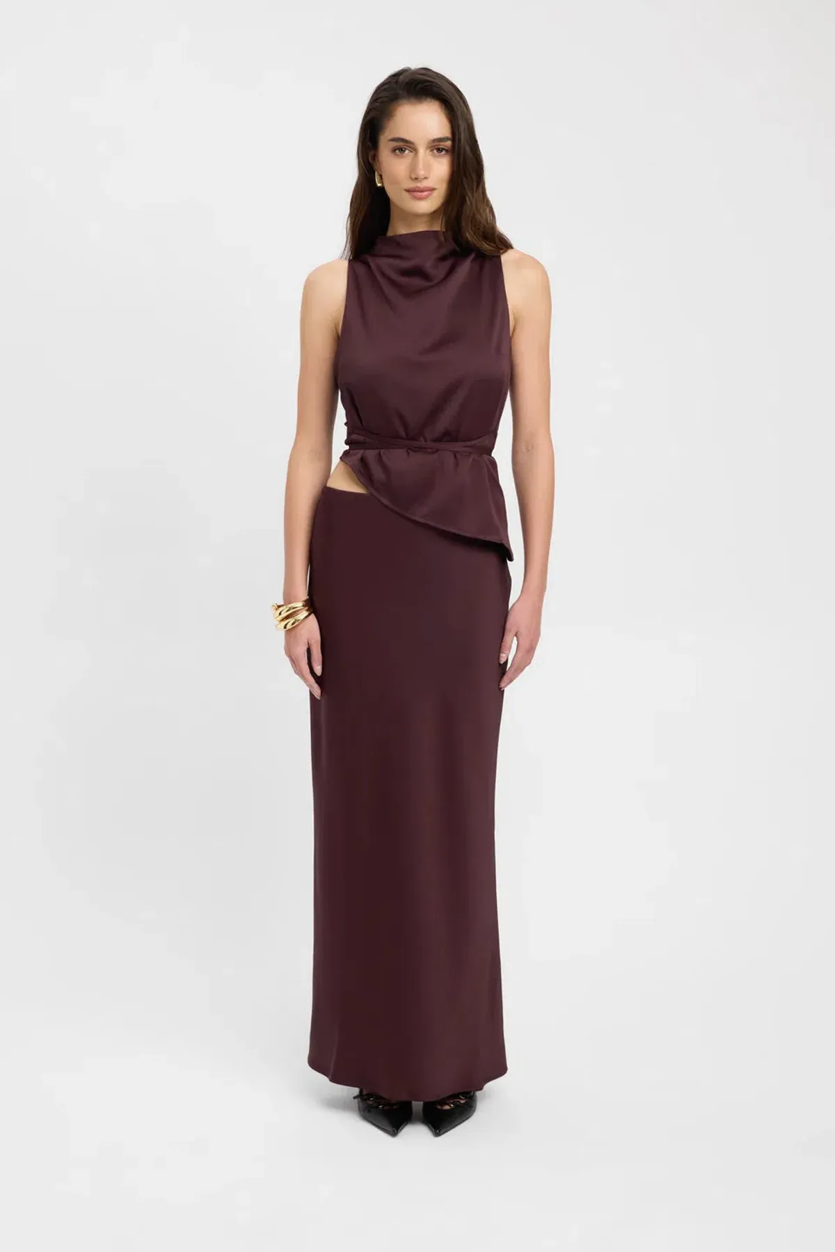 Kookai Prato High Cowl Neck and Prato Slip Skirt Set Mahogany Size AU 12 for rent on The Volte - main image
