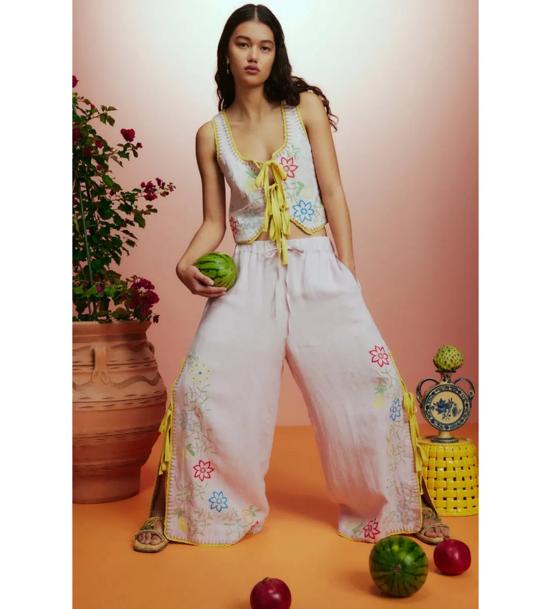 Alémais Olivia Embroidered Pant and Top Pink Size AU 16 for rent on The Volte - main image